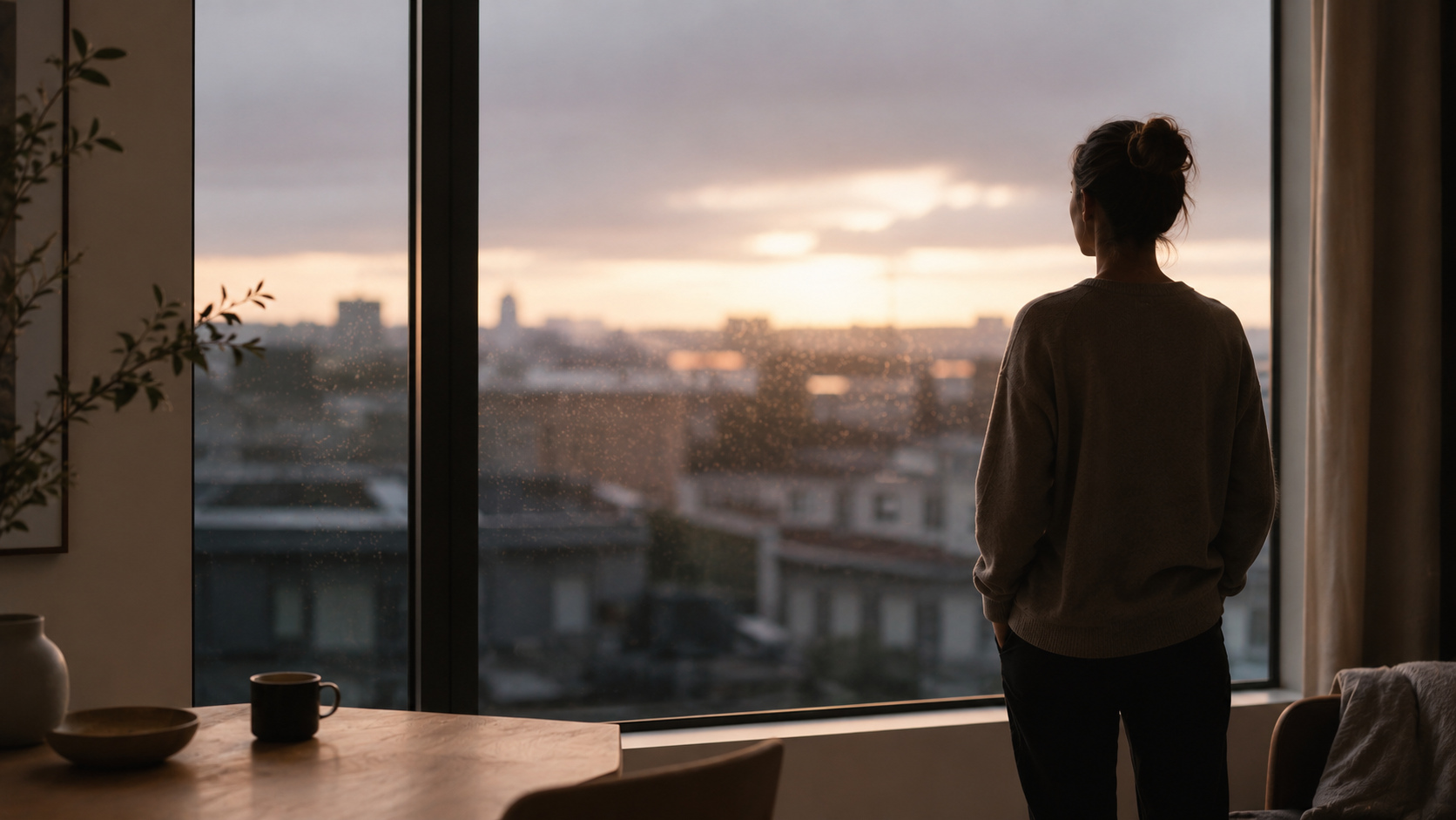 Personne contemplant un paysage urbain à travers une grande fenêtre au lever du jour, dans une atmosphère calme et introspective.
