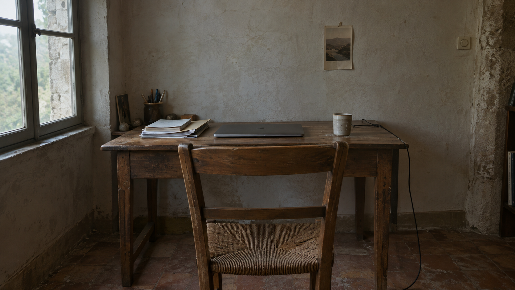 Workplace layout : aménagement des espaces de travail : table de travail en bois devant une fenêtre, ordinateur portable fermé, pile de documents, tasse et chaise paillée, dans une